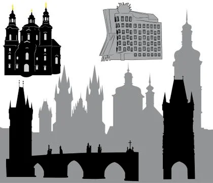 Silhouettes of famous buildings and landmarks of Prague Stock Illustration
