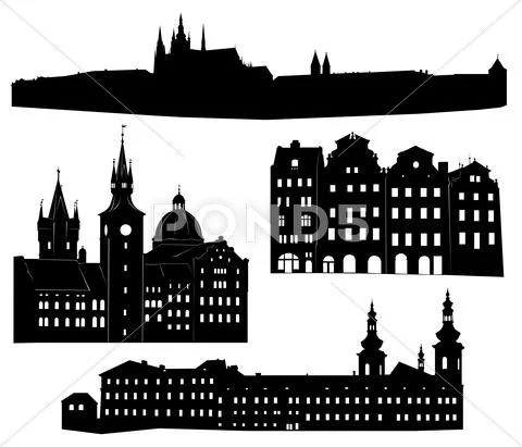 Silhouettes of famous buildings and landmarks of Prague. Stock Illustration