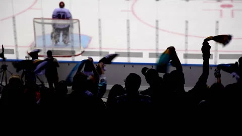 Silhouettes of fans in the background of a hockey stadium. Stock Footage