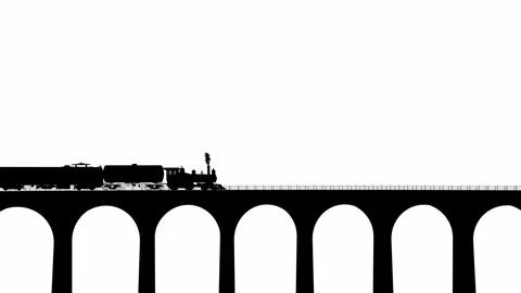 Silhouettes of freight train on the bridge on a white background. Locomotive Stock Illustration