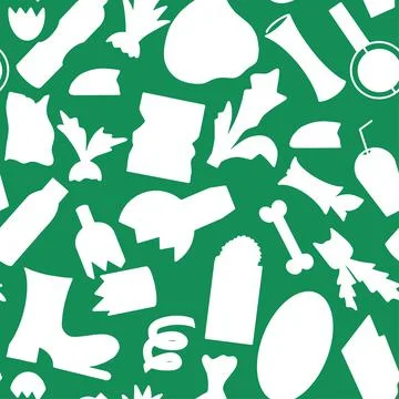 Silhouettes garbage items on green background seamless pattern Illustrazione stock