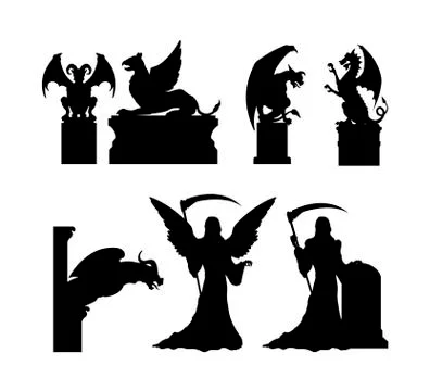 Silhouettes of gothic statues. Medieval architecture. Stone cathedral sculpture Stock Illustration