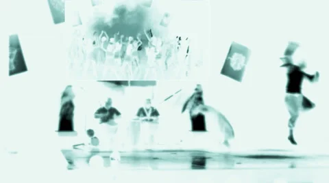 Silhouettes of a group of three young people breakdance dancers and three musici Stock Footage 27292811