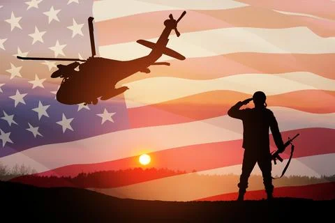 Silhouettes of helicopter on background of sunset. Stock Photos