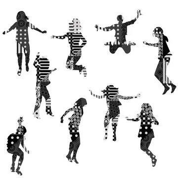 Silhouettes of jumping children with geometric pattern Stock Illustration