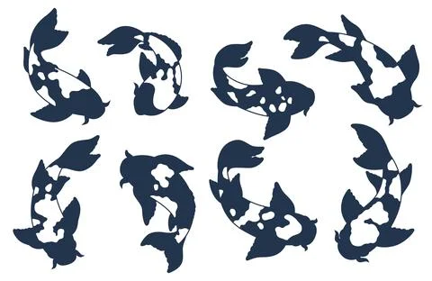 Silhouettes of koi fish. Different poses Japanese carp spotted pattern, swimming Stock Illustration