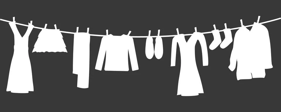 Silhouettes of laundry on rope isolated on grey background. Stock Illustration