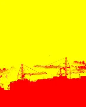 Silhouettes of lifting cranes, new multi-storey buildings construction in red Ilustración de archivo