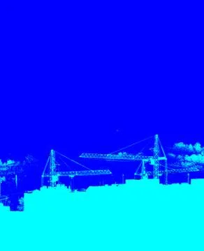 Silhouettes of lifting cranes, new multi-storey buildings construction in mon Ilustración de archivo