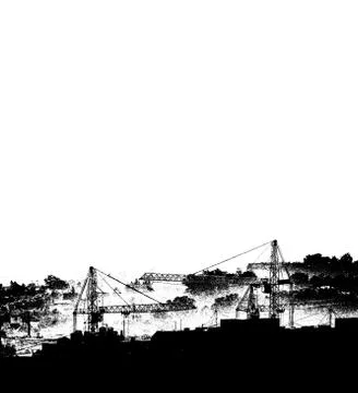 Silhouettes of lifting cranes, new multi-storey buildings construction in mon Ilustración de archivo