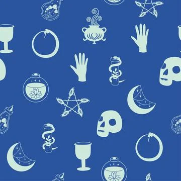 Silhouettes Magic symbols seamless pattern, with magical elements such as s.. Illustrazione stock