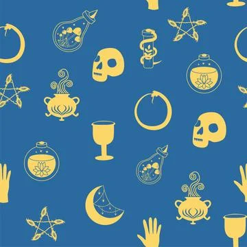 Silhouettes Magic symbols seamless pattern, with magical elements such as s.. Stock Illustration