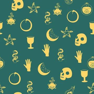 Silhouettes Magic symbols seamless pattern, with magical elements such as s.. Stock Illustration
