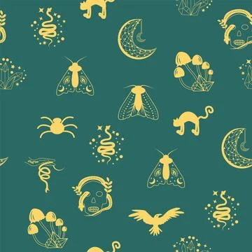 Silhouettes Magic symbols seamless pattern, with magical elements such as s.. Stock Illustration