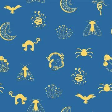 Silhouettes Magic symbols seamless pattern, with magical elements such as s.. Stock Illustration