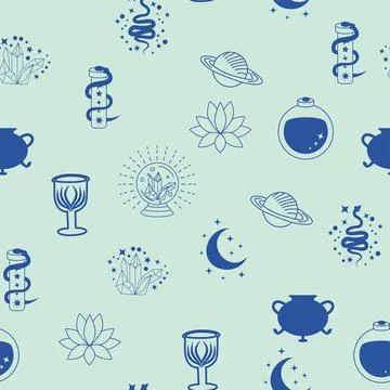 Silhouettes Magic symbols seamless pattern, with magical elements such as s.. Stockillustratie