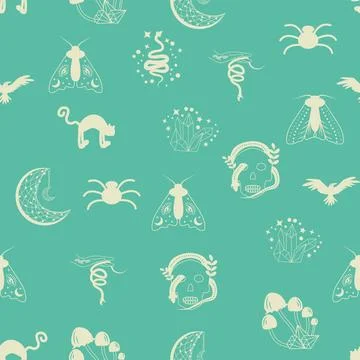Silhouettes Magic symbols seamless pattern, with magical elements such as s.. Illustrazione stock