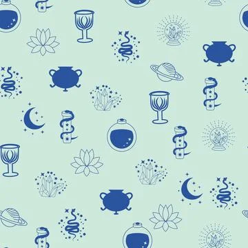 Silhouettes Magic symbols seamless pattern, with magical elements such as s.. イラスト素材