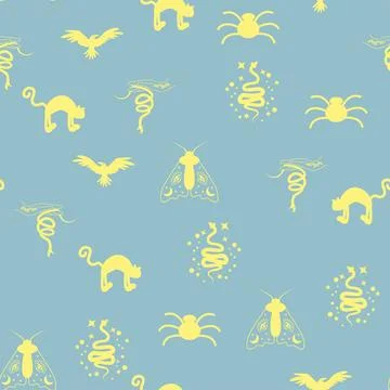 Silhouettes Magic symbols seamless pattern, with magical elements such as s.. Illustrazione stock