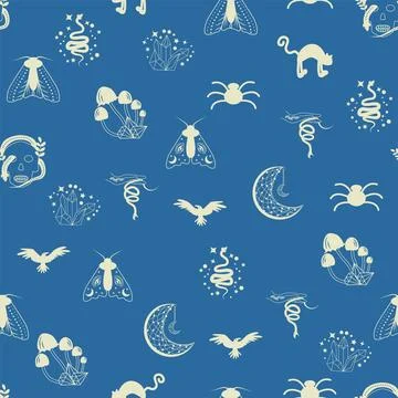 Silhouettes Magic symbols seamless pattern, with magical elements such as s.. Illustrazione stock