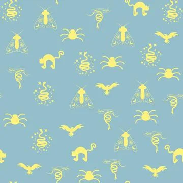 Silhouettes Magic symbols seamless pattern, with magical elements such as s.. Illustrazione stock