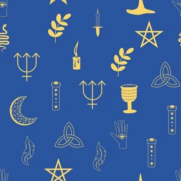 Silhouettes Magic symbols seamless pattern, with magical elements such as s.. Stock Illustration