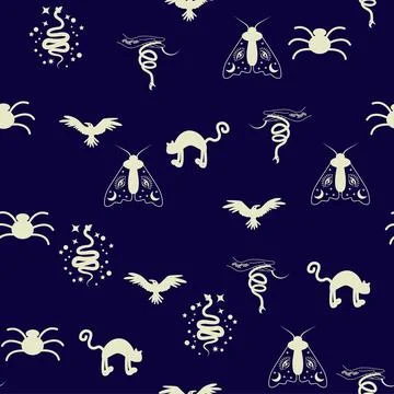 Silhouettes Magic symbols seamless pattern, with magical elements such as s.. Stock Illustration