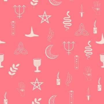 Silhouettes Magic symbols seamless pattern, with magical elements such as s.. Illustrazione stock