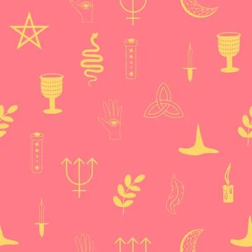 Silhouettes Magic symbols seamless pattern, with magical elements such as s.. Illustrazione stock