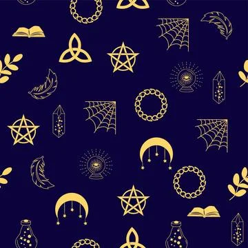 Silhouettes Magic symbols seamless pattern, with magical elements such as s.. Stock Illustration