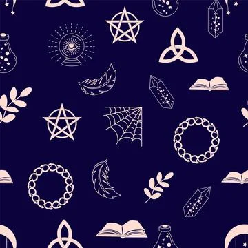 Silhouettes Magic symbols seamless pattern, with magical elements such as s.. Stock Illustration
