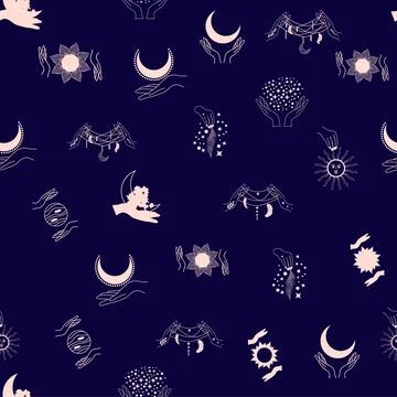 Silhouettes Magic symbols seamless pattern, with magical elements such as s.. Illustrazione stock