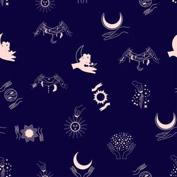 Silhouettes Magic symbols seamless pattern, with magical elements such as s.. 스톡 일러스트