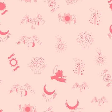 Silhouettes Magic symbols seamless pattern, with magical elements such as s.. Stock Illustration