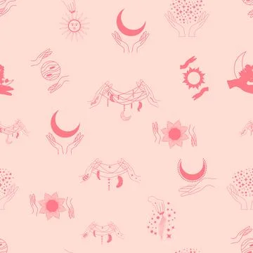 Silhouettes Magic symbols seamless pattern, with magical elements such as s.. Stock Illustration