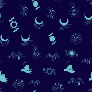 Silhouettes Magic symbols seamless pattern, with magical elements such as s.. Stock Illustration