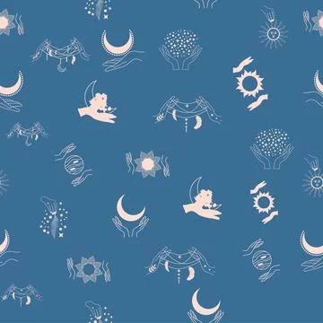 Silhouettes Magic symbols seamless pattern, with magical elements such as s.. Stockillustratie