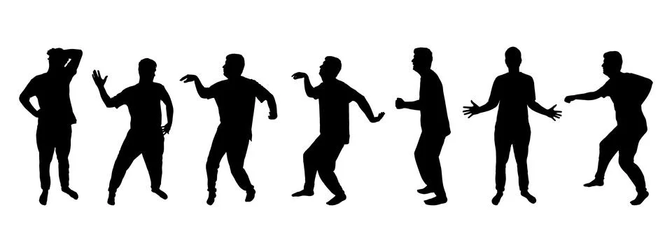 Silhouettes of man dancing and posing in different positions, set. Vector Illustrazione stock