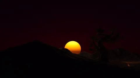 Silhouettes of mountains and a lonely tree at a dark sunset 3d-rendering 스톡 일러스트