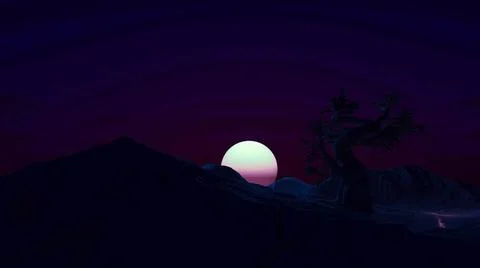 Silhouettes of mountains and a lonely tree at a dark sunset 3d-rendering イラスト素材