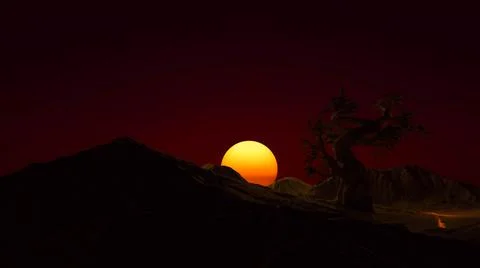 Silhouettes of mountains and a lonely tree at a dark sunset 3d-rendering イラスト素材