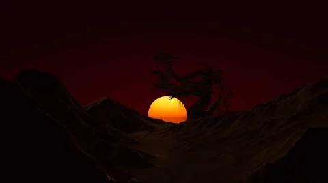 Silhouettes of mountains and a lonely tree at a dark sunset 3d-rendering イラスト素材