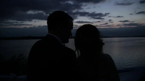 The silhouettes of the newlyweds on the background of the river Stock Footage 81319954