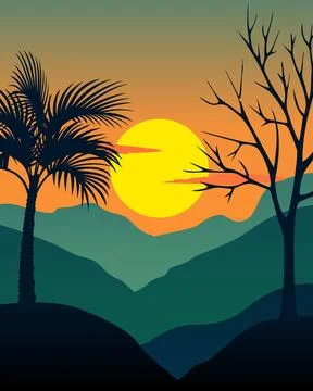 Silhouettes of palm and bare tree frame a glowing sun 库存插图