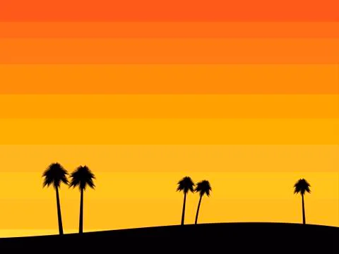 Silhouettes of palm trees on a sunset background in the style of the 80s. Tro Illustrazione stock