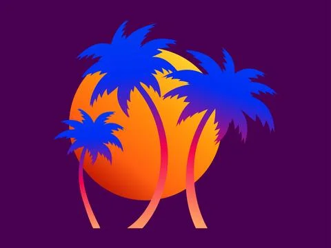 Silhouettes of palm trees at sunset gradient sun. Summer time. Colorful gra.. Stock Illustration