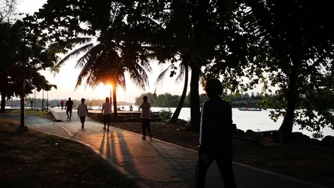 Silhouettes people are exercising on park near river and sun is go down. Stock Footage