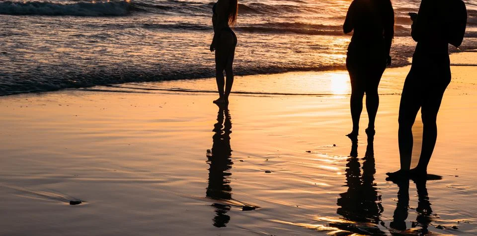 Silhouettes of people on the beach at sunset Stock Photos