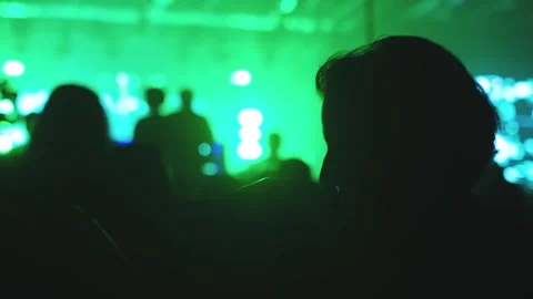Silhouettes of people jumping, waving, taking photos or recording videos of a li Vídeo Stock 258345025