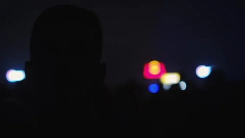 Silhouettes of people jumping, waving, taking photos or recording videos of a li Stock Footage 258345081